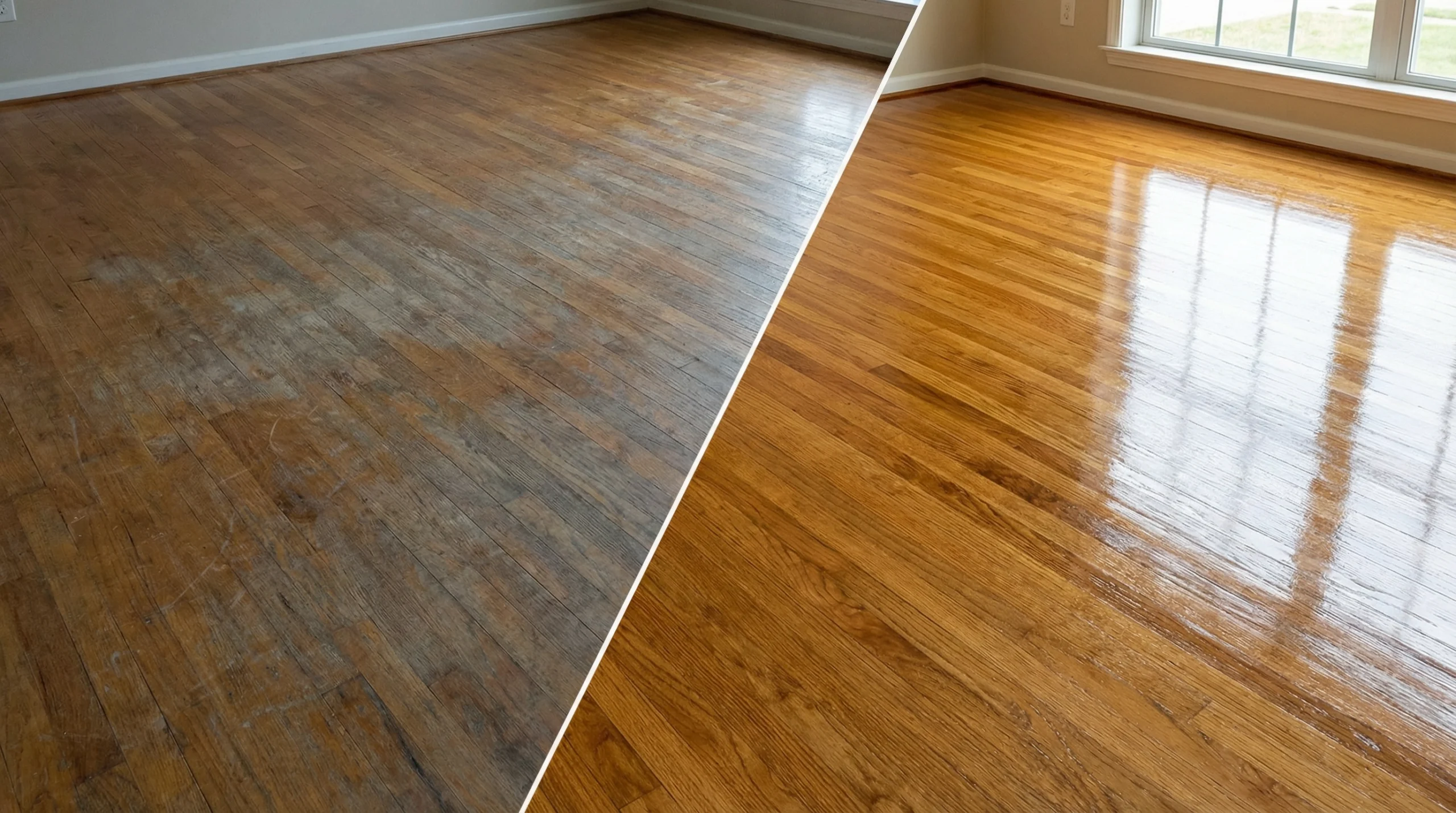 Hardwood floor before and after professional refinishing in New Jersey
