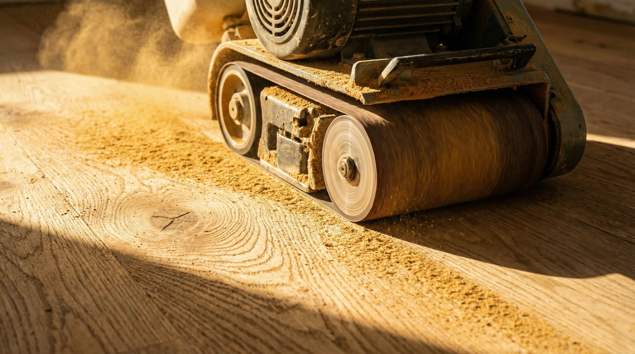 Professional hardwood floor sanding process in New Jersey home